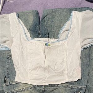 Dolls Kill White Crop Top with Light Blue Trim and Rose Accent